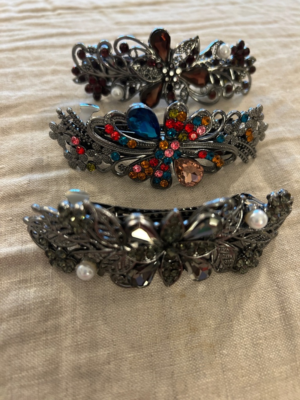 Ornate Multicolor Crystal Flower Hair Barrette Set